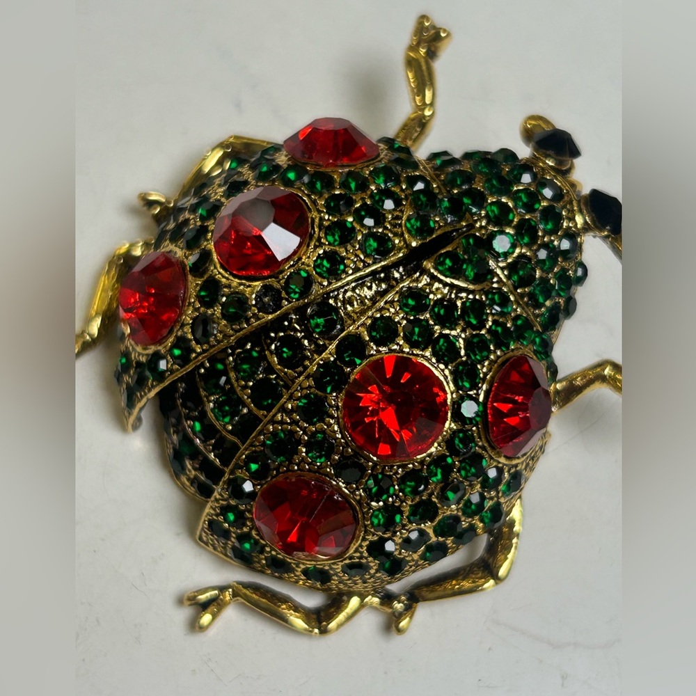 Gold-tone Beetle Brooch with Green and Red Rhinestones
